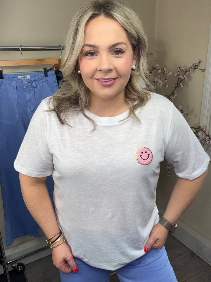 Coster Copenhagen White T-Shirt with Pink Embroidered Smiley Face