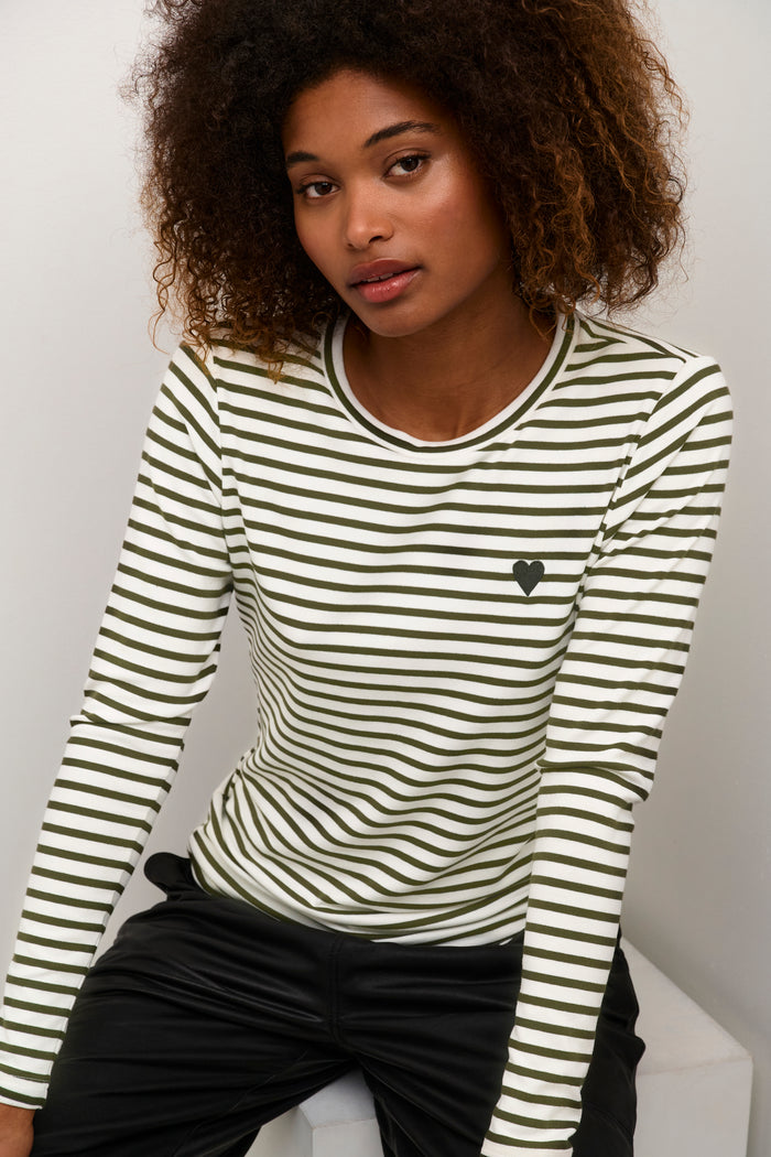 Kaffe Liddy Chalk/Forest Green Stripe Top with Black Heart, 10502821