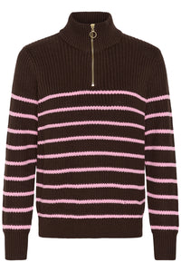 Kaffe Kalioa Coffee Bean/Pink Stripe Knitted Half Zip Jumper, 10506116