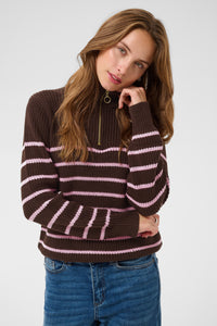 Kaffe Kalioa Coffee Bean/Pink Stripe Knitted Half Zip Jumper, 10506116