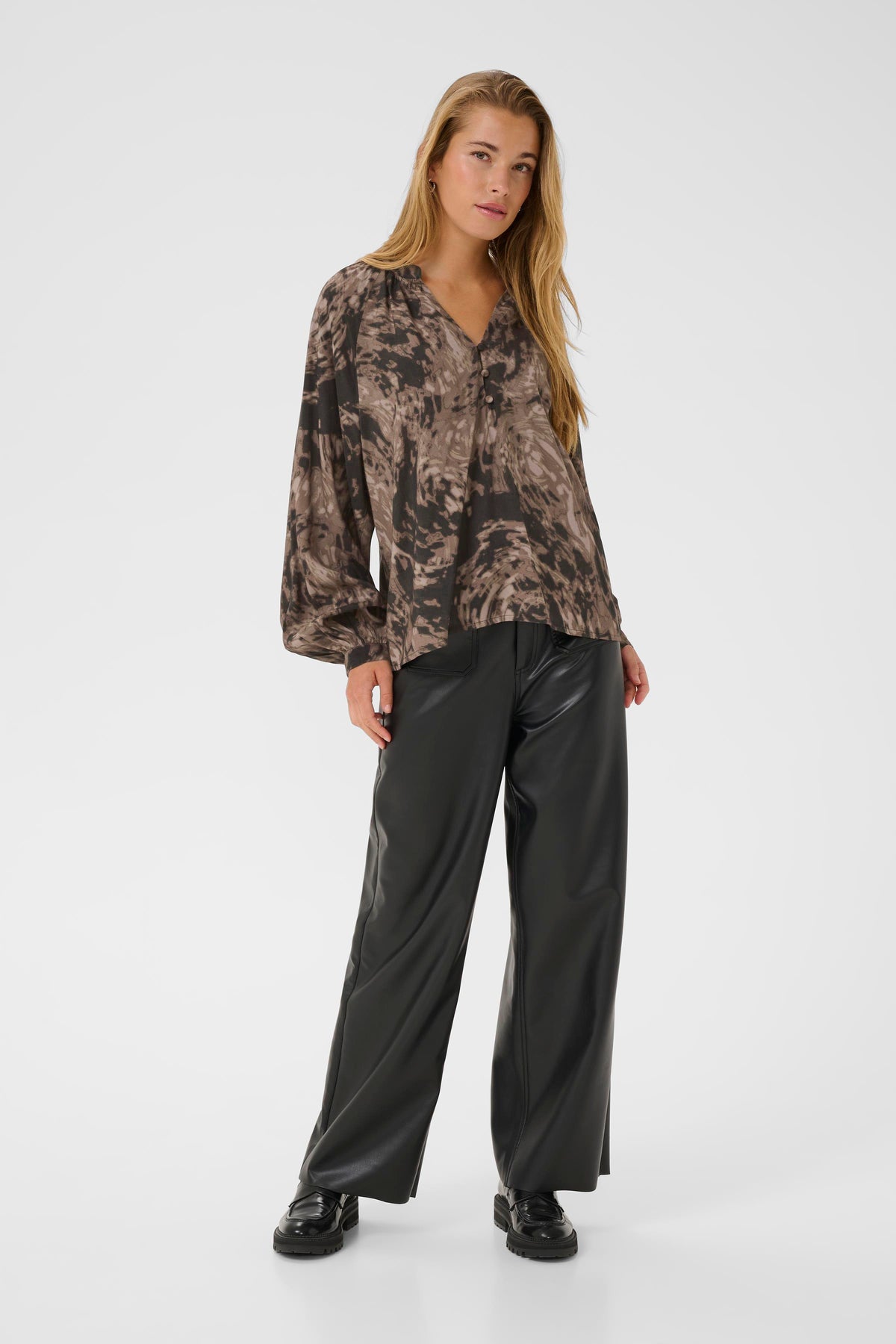 Kaffe Kajamie Chocolate Brown Abstract Print V-Neck Blouse