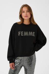 Kaffe Kalise Black 'FEMME' Embellished Logo Relaxed Fit Sweatshirt, 10510868