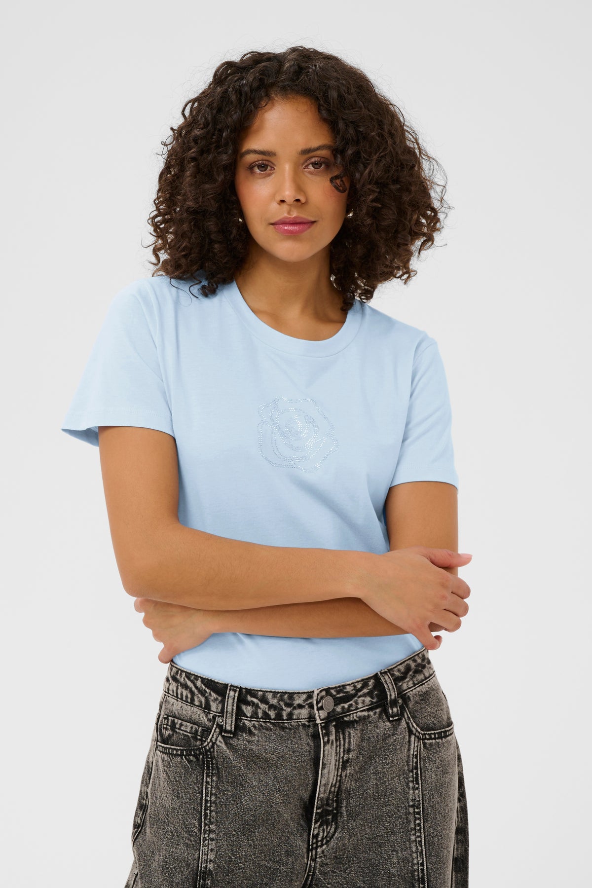 Kaffe Kajean Powder Blue Embellished Rose T-Shirt, 10511081