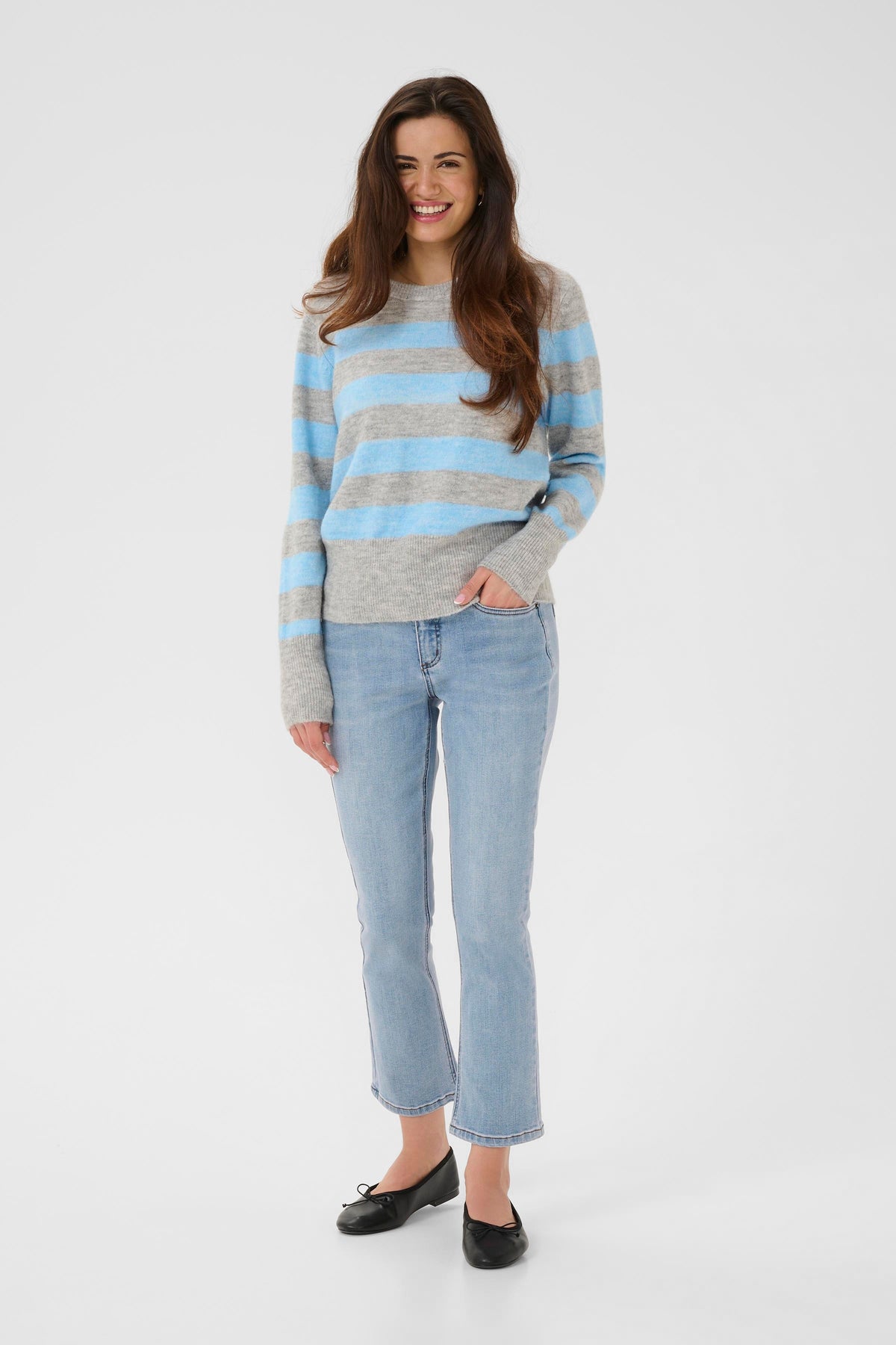 Kaffe Kaniel Grey Melange/Powder Blue Striped Supersoft Knit, 10511212