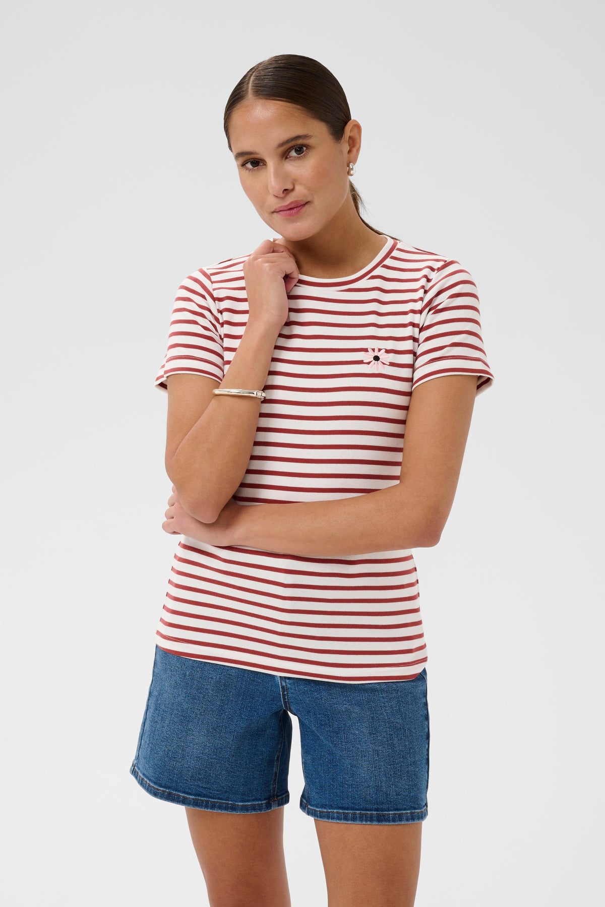 Kaffe Kaliddy Chalk/Henna Striped T-Shirt with Embroidered Pink Flower, 10511591