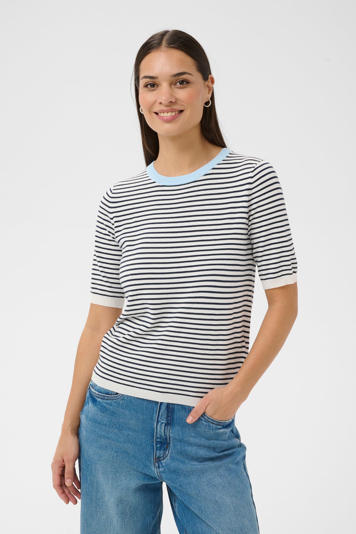 Kaffe Kalizza Navy/Chalk Striped Knit with Baby Blue Trim