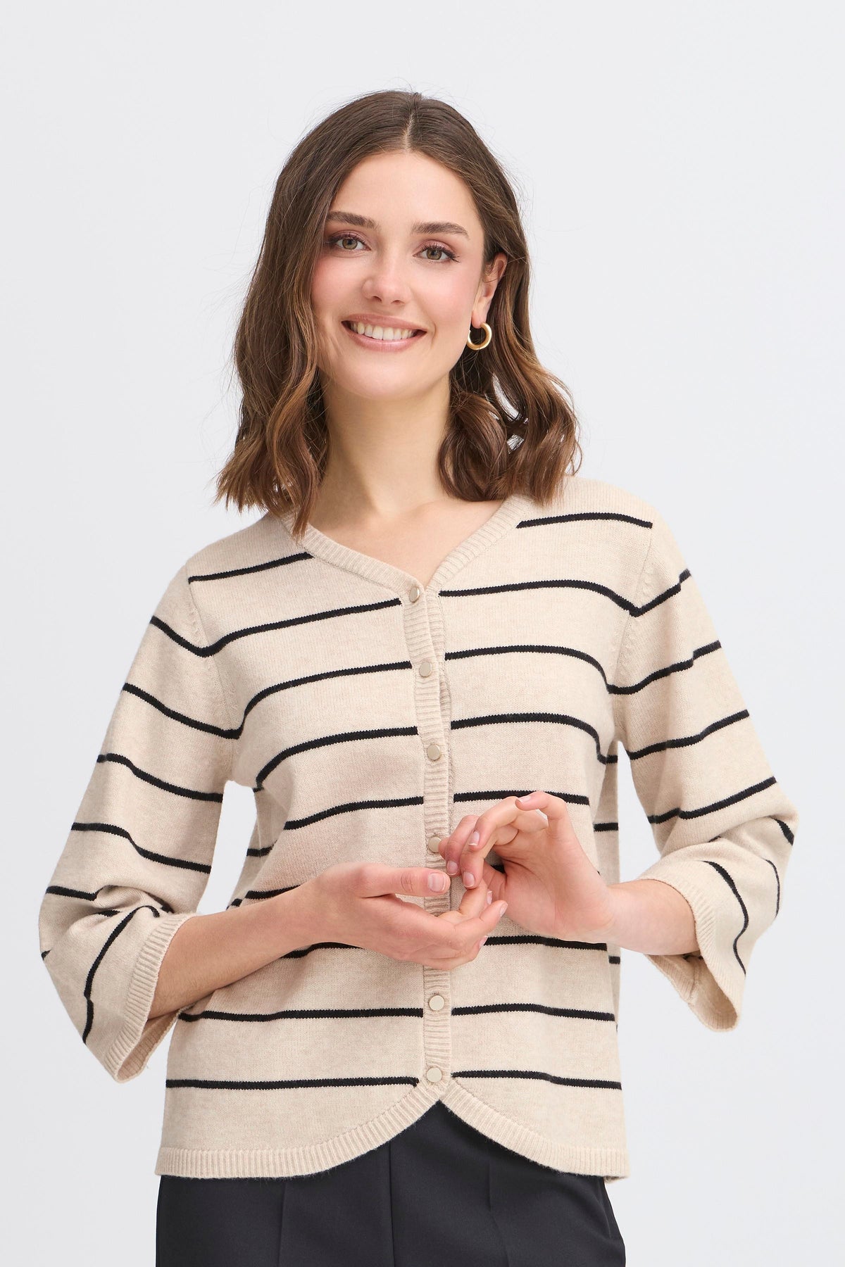 Fransa Frbitte Limestone Melange/Black Stripe Supersoft Cardigan