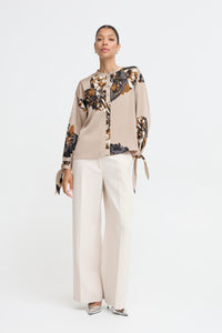B.Young ByJannike String Beige Floral Bow Tie Cuff Blouse