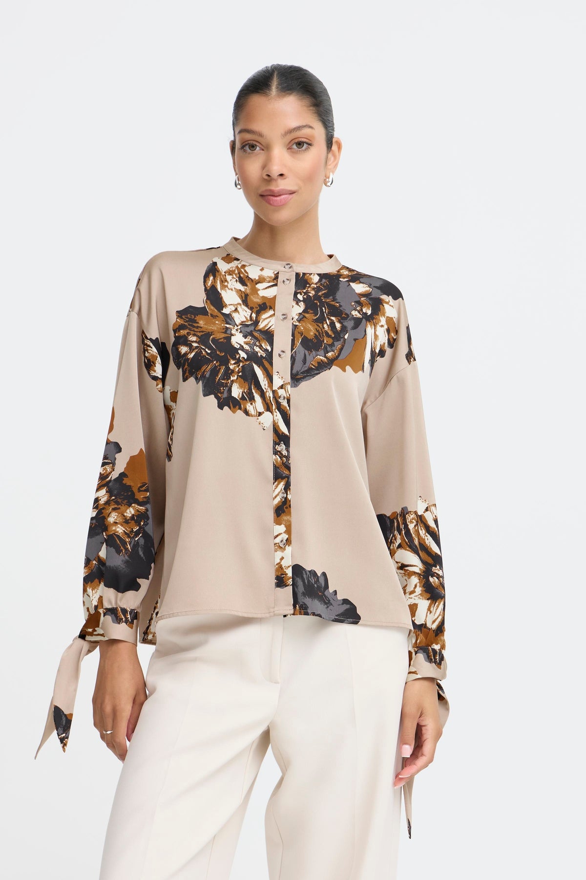 B.Young ByJannike String Beige Floral Bow Tie Cuff Blouse, 20818132