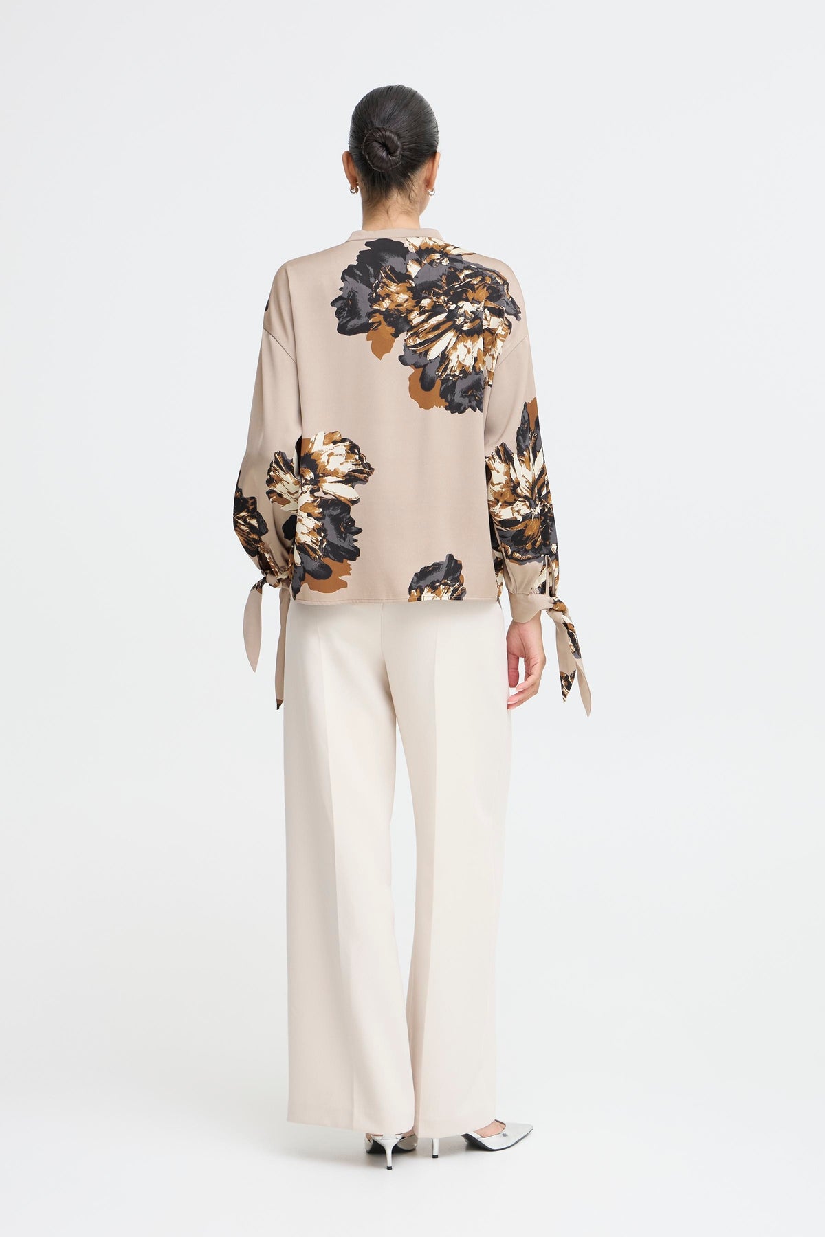 B.Young ByJannike String Beige Floral Bow Tie Cuff Blouse