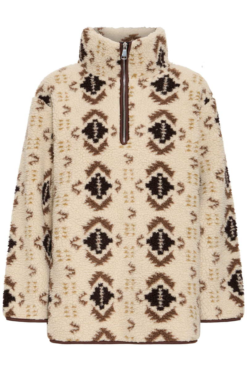 B.Young ByCillan Humus Beige Printed Teddy Fleece Half Zip Jacket