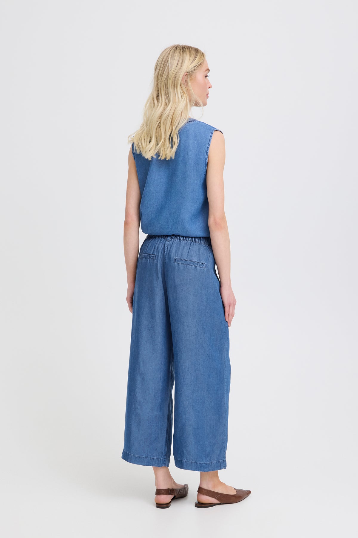 B.Young ByKosmo Mid Blue Denim Wide Leg Cropped Trousers, 20818793