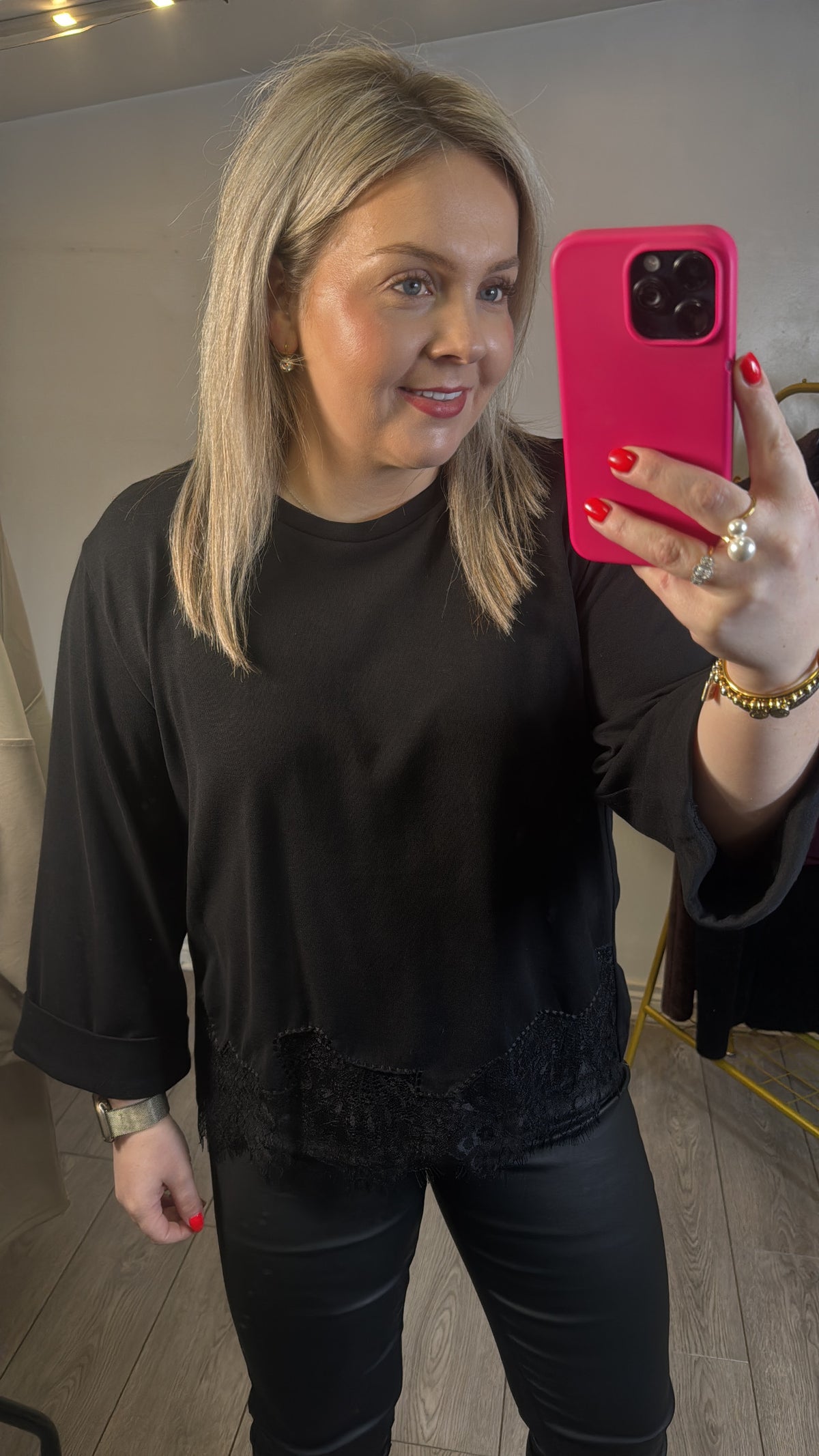 Access Fashion Black Top with Lace Trim