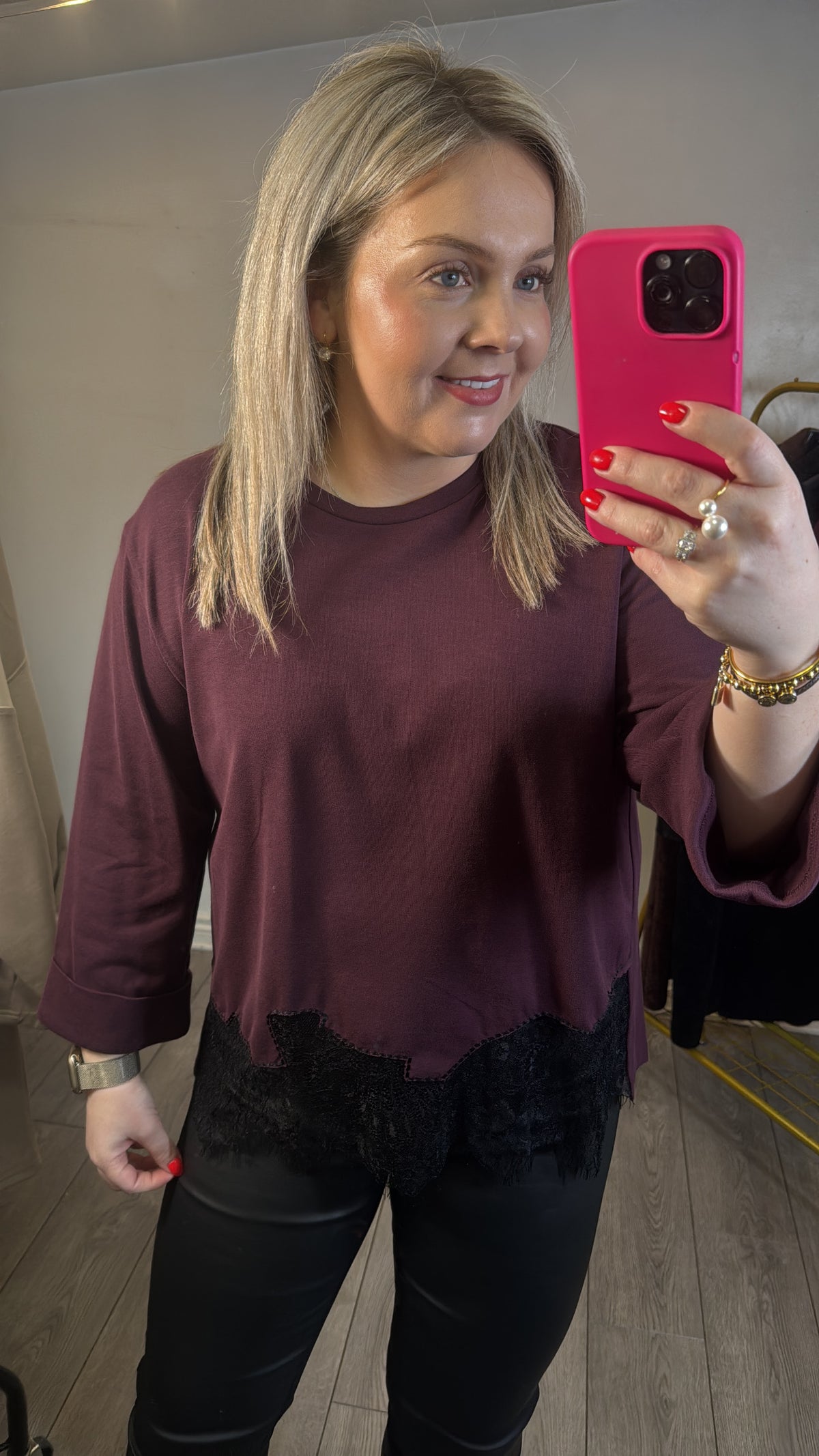 Access Fashion Burgundy Top with Lace Trim