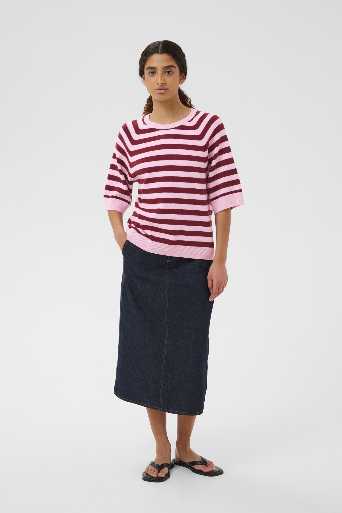 InWear MadieIW Baby Pink/Burgundy Stripe Knitted T-Shirt Pullover, 30112398