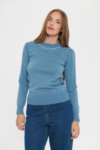 Saint Tropez Temma Blue Shadow Pearl Embellished Knit, 30514121