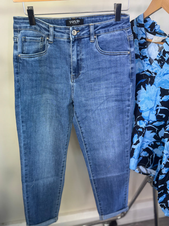 BACK IN STOCK - Toxik Highwaisted Boyfriend Medium Blue Denim Cropped Jeans