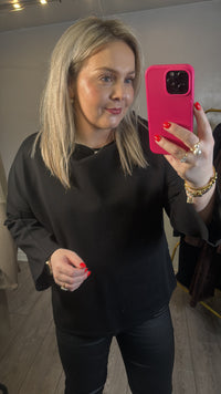 Access Fashion Black Boat Neckline Blouse with Embellishment