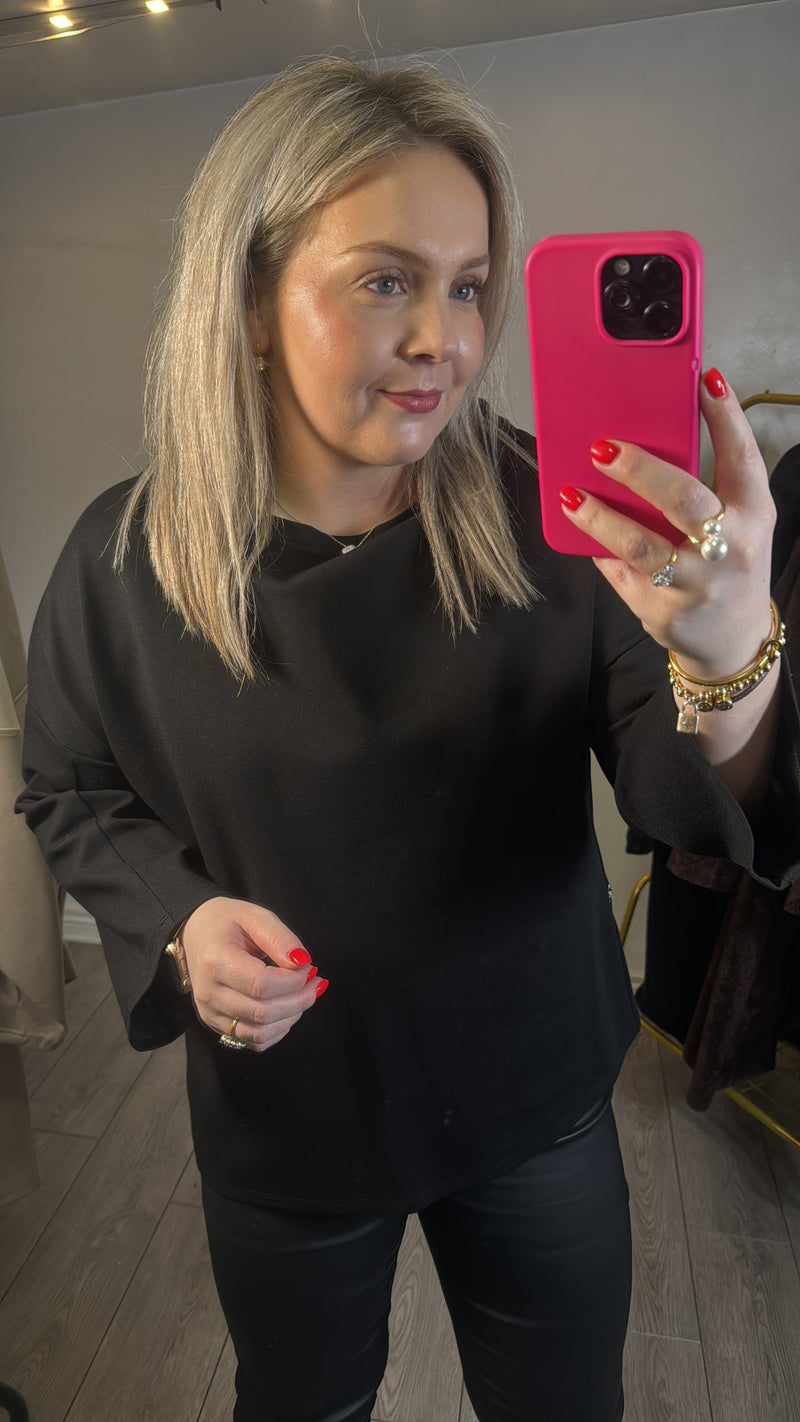 Access Fashion Black Boat Neckline Blouse with Embellishment