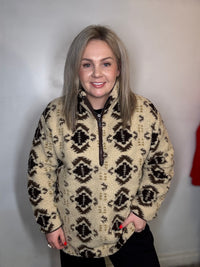 B.Young ByCillan Humus Beige Printed Teddy Fleece Half Zip Jacket