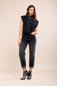 Toxik Highwaisted Boyfriend Charcoal Black Embellished Cropped Jeans