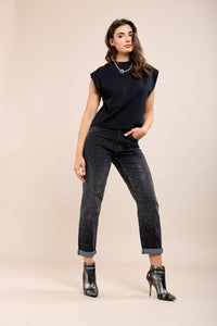 Toxik Highwaisted Boyfriend Charcoal Black Embellished Cropped Jeans