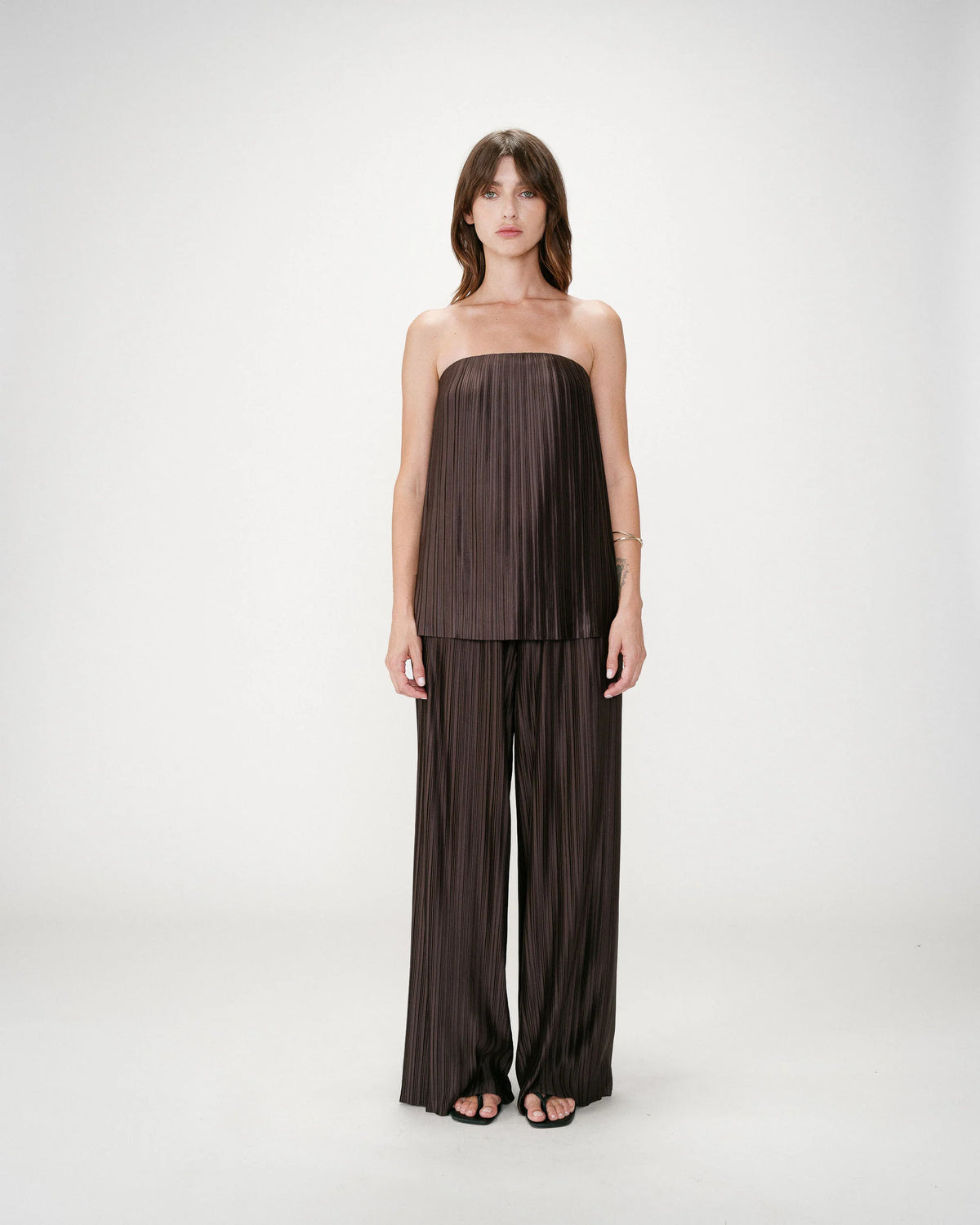 Grace & Mila Wonka Chocolate Brown Plisse Wide Leg Trousers 