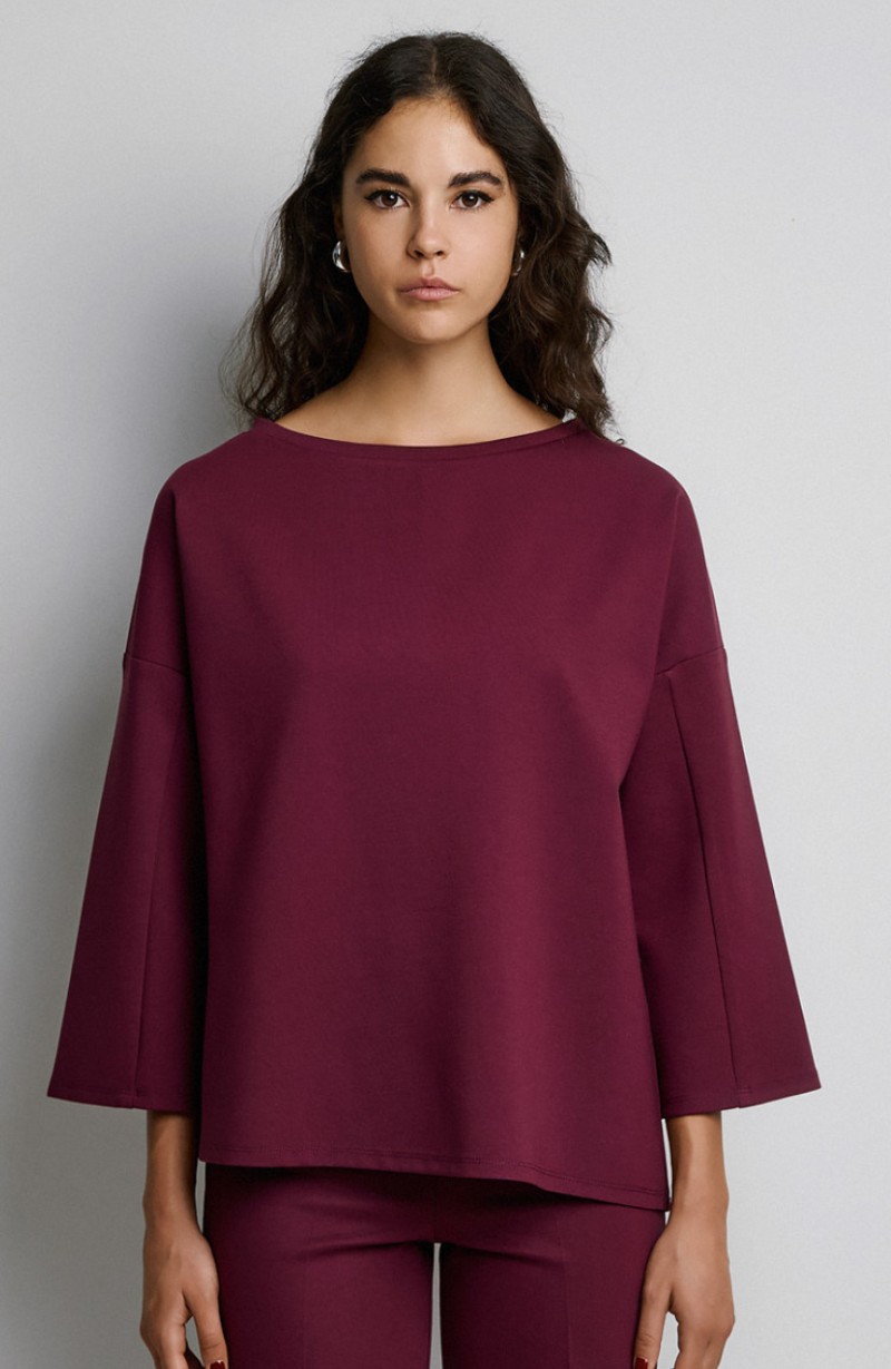 Access Fashion Burgundy Boat Neckline Blouse with Embellishment