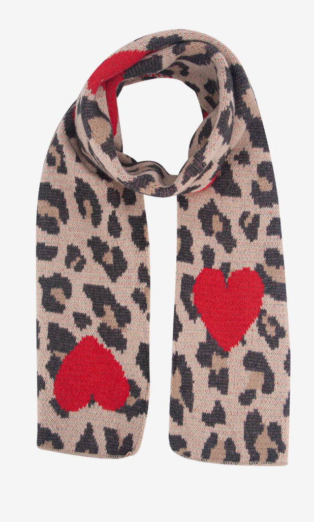 Ruby 67 Wylda Cream Leopard & Hearts Knitted Scarf