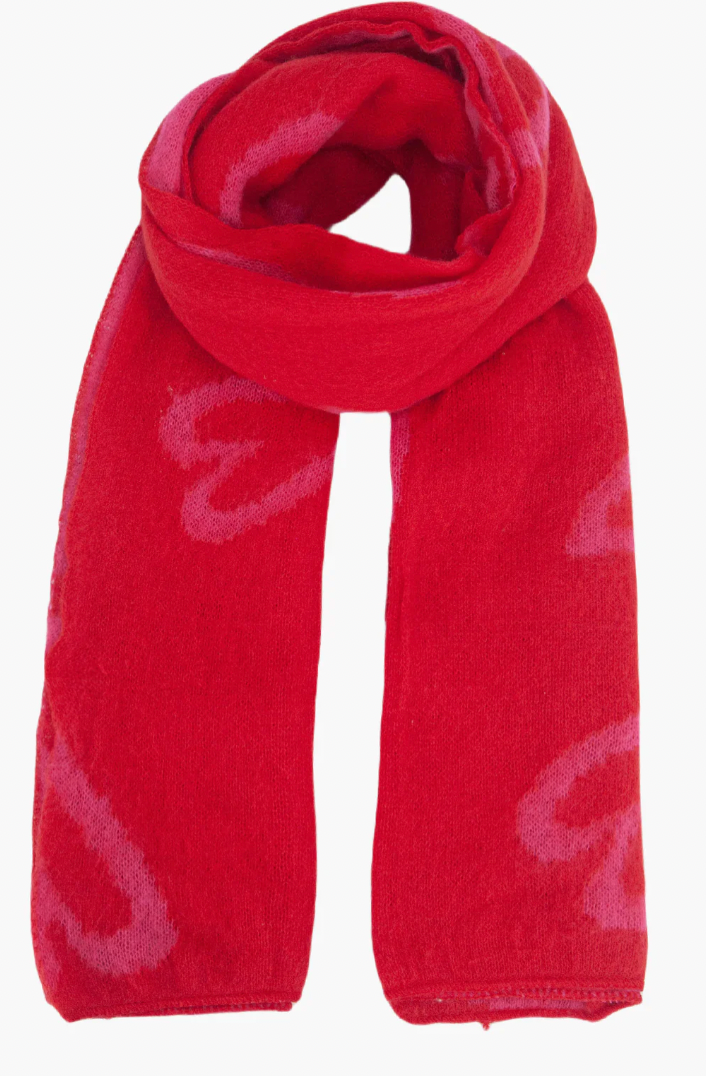 Ruby 67 Zuri Red/Pink Sketched Heart Print Knitted Scarf