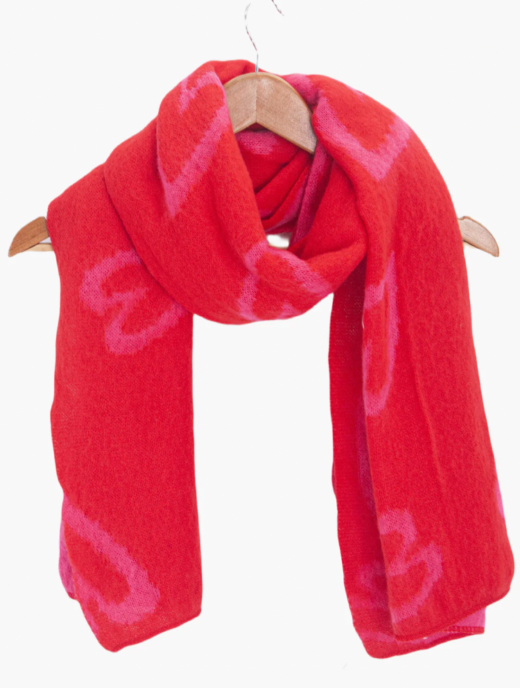 Ruby 67 Zuri Red/Pink Sketched Heart Print Knitted Scarf