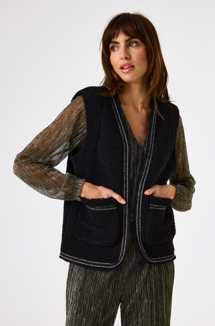 Garcia Black Teddy Gilet with Embroidery Detailing