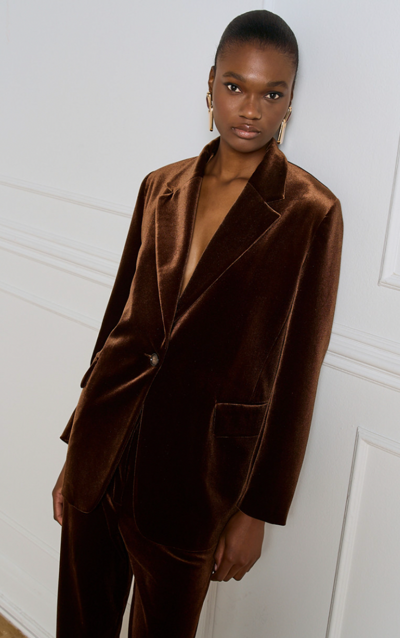 Access Fashion Chocolate Brown Velvet Single Breasted Blazer