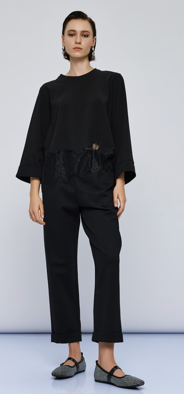 Access Fashion Black Top with Lace Trim