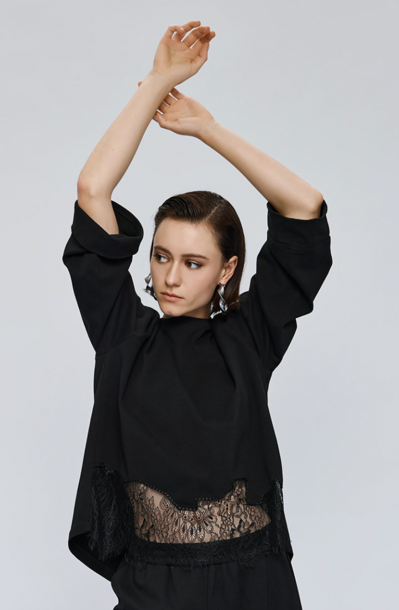 Access Fashion Black Top with Lace Trim