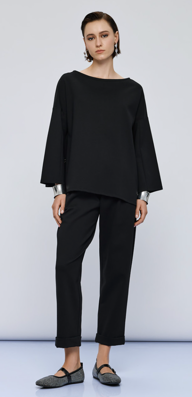Access Fashion Black Boat Neckline Blouse with Embellishment
