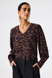 Garcia Chocolate Brown/Black Abstract Print V-Neck Blouse